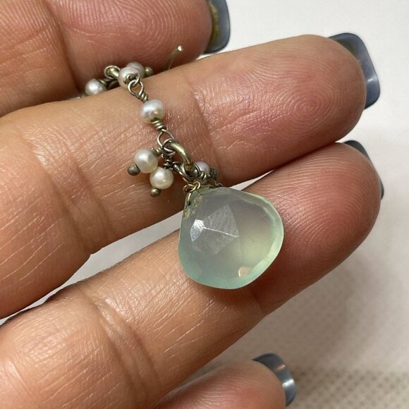 925 Sterling Silver Teardrop Chalcedony Pearls Beaded Dangle Drop Earrings - Picture 3 of 4